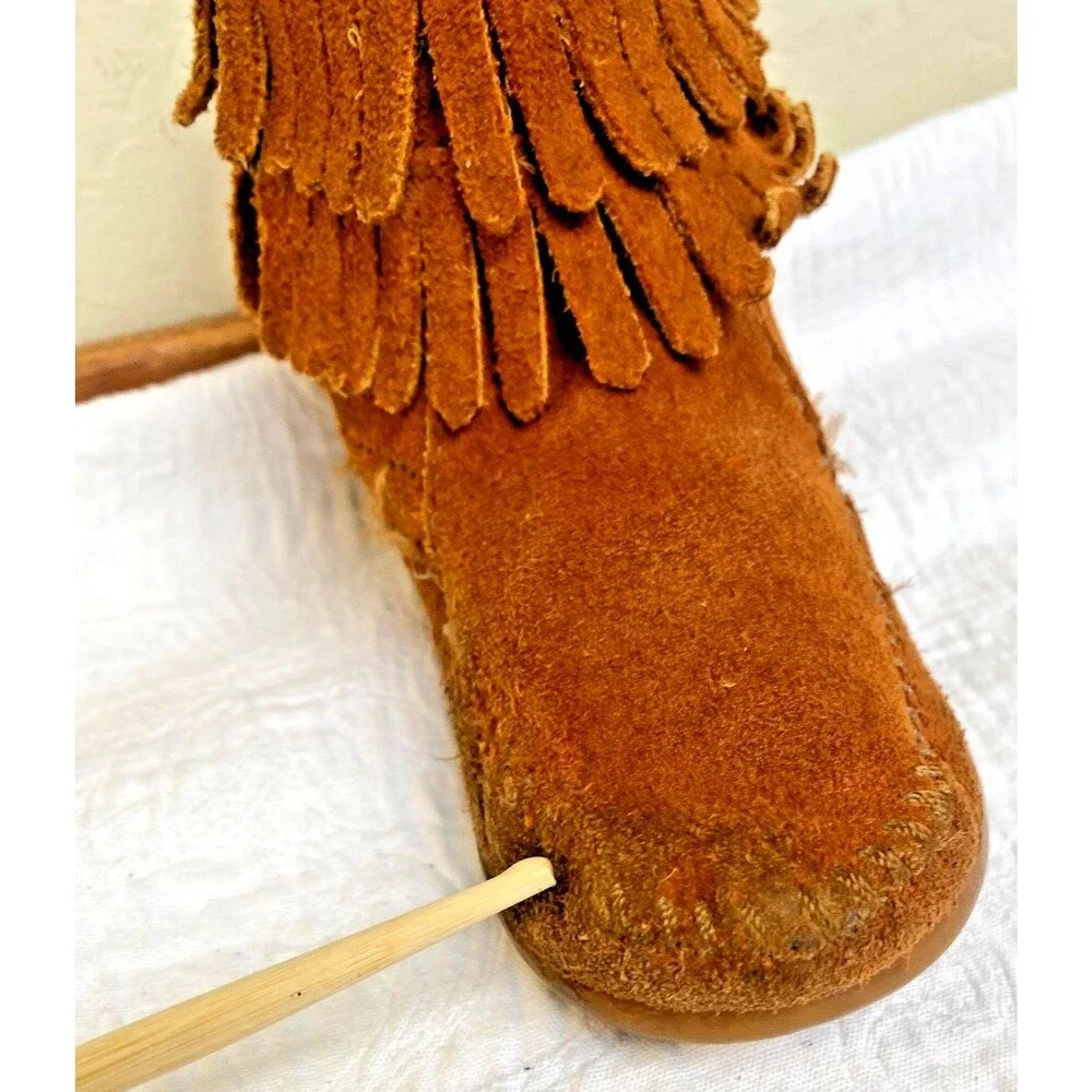 Minnetonka Girl's Brown Suede Leather Fringe Ankle Boots Moccasin Zipper -Sz 9T